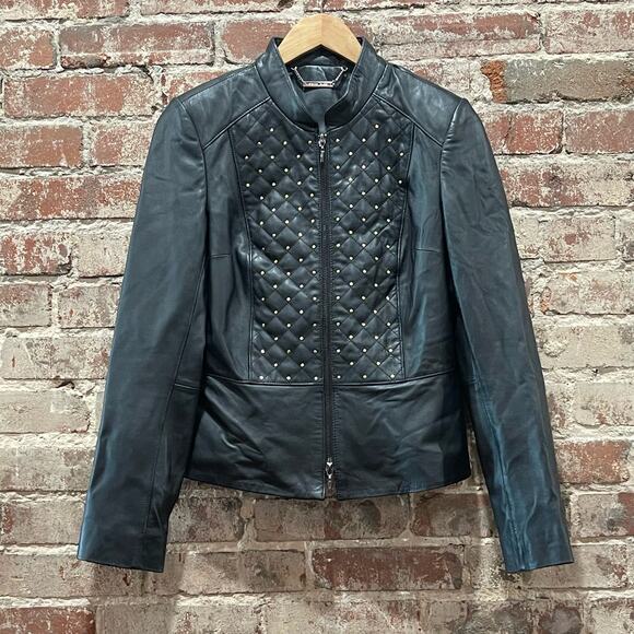 WHBM Gold Studded Black Leather Jacket Size Small - Picture 4 of 9